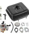 Fuel Tank And Carburetor Kit For 212cc 196cc Go Kart Mini Bike Engines Six Point Five HP GX160 GX200 Coleman CT200U BT200X KT196 Baja Warrior Massimo MB200 Black, includes tank, carb, gaskets, and spark plug