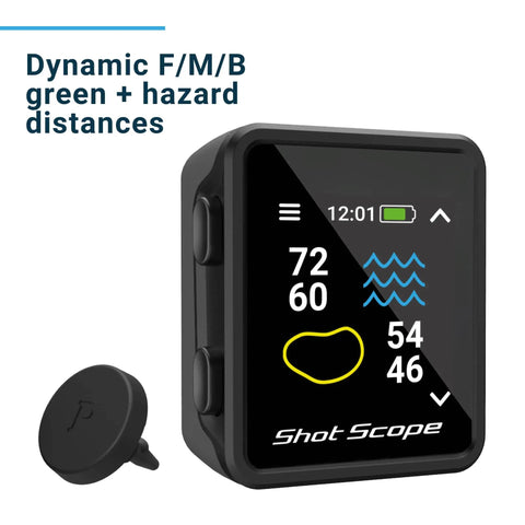 GPS Golf Handheld With Shot Tracking Front Middle And Back Green Distances And Hazards shown with dynamic F/M/B display.