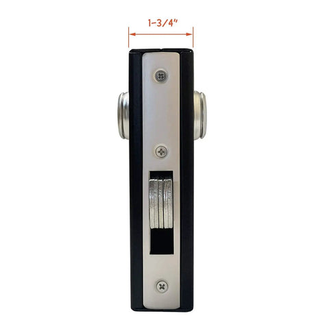 Side view of Hook Bolt Mortise Lock For Sliding Gates, Weldable Steel Hook Lock With Double Cylinder Security, 1-1/8 inch backset