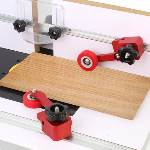 Dang Tough Bearing Roller Featherboards Precision Stock Guides Feed Steady On Table Saw Router And Band Saw Top Shelf Aluminum Woodworking Safety Accessory In Bold Red on a table saw setup.