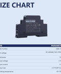 Rock Solid 15W 5V Din Rail Power Supply crafted for home automation, size chart highlighting model and specifications.