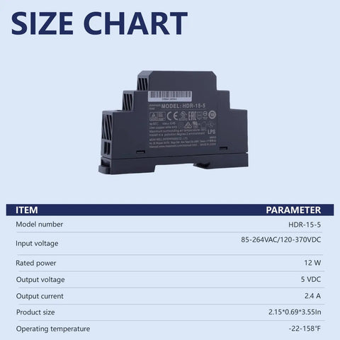 Rock Solid 15W 5V Din Rail Power Supply crafted for home automation, size chart highlighting model and specifications.