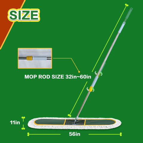 Heavy Duty Commercial Dust Mop For Hardwood Floors With Two Reusable Cotton Yarn Heads And Telescopic Stainless Steel Handle dimensions showing 56in by 11in mop head.