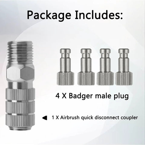 Airbrush Quick Disconnect Coupler Kit With Four One Eighth Inch Male Fittings Quick Release Adapters displayed on white background