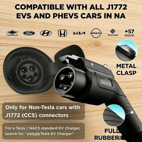Hardwired Level 2 EV Charger 48 Amps 11.5kW 240V with J1772 plug, metal clasp, and rubber grip, compatible with NA cars
