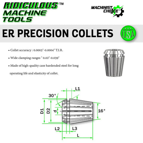 Diagram and specifications of ER 11 High Precision Spring Collets 3 Sixteenth Inch With Ultra Tight 0.0003 Inch TIR.
