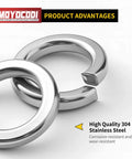 Size 10 Split Lock Washer Pack Of 100, 304 stainless steel, showing corrosion-resistant design with off-center split ends.