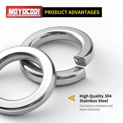 Size 10 Split Lock Washer Pack Of 100, 304 stainless steel, showing corrosion-resistant design with off-center split ends.
