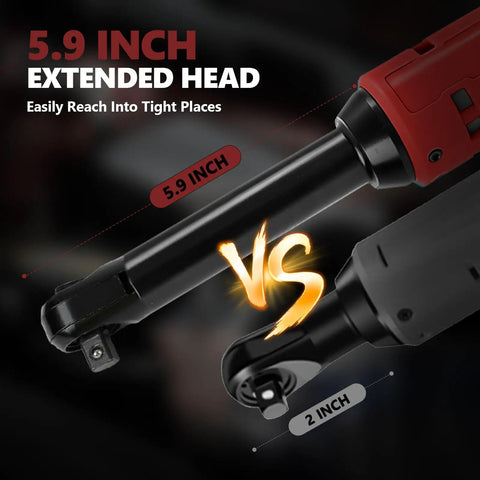 Comparison of 5.9 inch extended head with 2 inch on upgraded brushless three eighths inch cordless ratchet wrench beast mode.