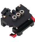 Pro Grade Self Centering Doweling Jig Kit with anodized finish, showing precise alignment guides and three drill sleeves for woodworking.