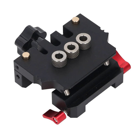 No Sweat Self Centering Dowel Jig Kit For Woodworking And Flat Pack Furniture Built Tough From Aircraft Grade Aluminum with three drill bit holes.