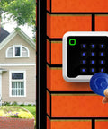 Proximity RFID Card Keypad Reader 125KHz Wiegand 26 Or 34 Bit installed on wall, showing keypad and RFID card usage with door access control panels.
