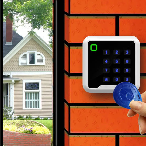Proximity RFID Card Keypad Reader 125KHz Wiegand 26 Or 34 Bit installed on wall, showing keypad and RFID card usage with door access control panels.