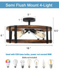 Modern Farmhouse Wood Drum Semi Flush Mount Ceiling Light Fixture With Industrial Black Metal Trim For Hallway Entryway Laundry Room And Bedroom Dope Rustic Ceiling Lamp Bulb Not Included, showing rustic design and dimensions.