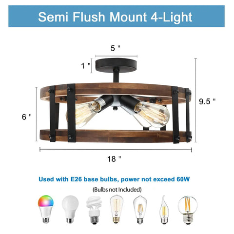 Modern Farmhouse Wood Drum Semi Flush Mount Ceiling Light Fixture With Industrial Black Metal Trim For Hallway Entryway Laundry Room And Bedroom Dope Rustic Ceiling Lamp Bulb Not Included, showing rustic design and dimensions.