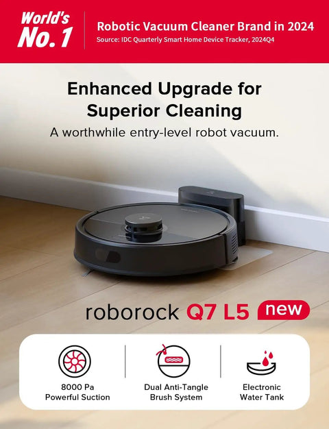 Q7 L5 All-In-One Robot Vacuum And Mop Combo With 8000 Pa Suction, Dual Anti-Tangle System, shown on wooden floor near wall