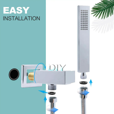 Square Solid Brass Handheld Shower Head With Wall Connector And 1.5M Stainless Steel Hose Chrome Finish easy installation view
