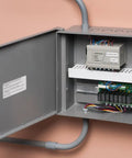 Tough As Nails Non Metallic Electronic Equipment Enclosure Box With Included Back Plate 12X12X4 Inch open showing power components inside.