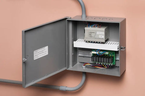 Tough As Nails Non Metallic Electronic Equipment Enclosure Box With Included Back Plate 12X12X4 Inch open showing power components inside.
