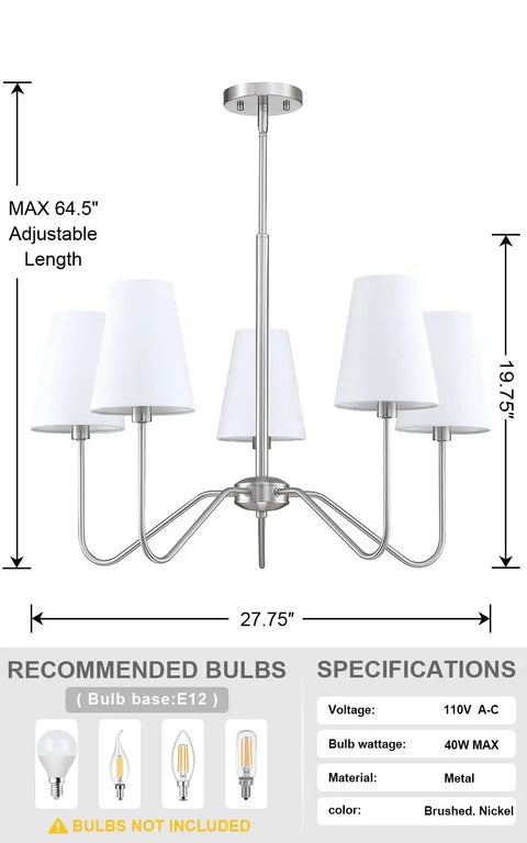 Five Light Linear Chandelier Lighting Fixture In Brushed Nickel With White Linen Shades For Kitchen Island Foyer And Living Room Lit