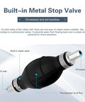 Hella Durable Handheld Fuel Transfer Pump With Leak Proof Check Valve, Heavy Duty Rubber Primer Bulb Adapter close-up showing built-in metal stop valve.