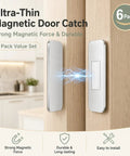 Six Pack Magnetic Cabinet Door Catches Ultra-Thin Adhesive Latches on wooden cupboard showing strong magnetic force and sleek design.