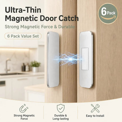 Six Pack Magnetic Cabinet Door Catches Ultra-Thin Adhesive Latches on wooden cupboard showing strong magnetic force and sleek design.