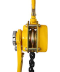 Side view of Three Quarter Ton Heavy Duty Ratchet Lever Chain Hoist with ten foot galvanized chain and hooks for construction lifting