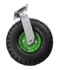 Top Notch 10 Inch Pneumatic Caster Kit With Four Slick Rubber Tires Including Two Swivel And Two Rigid Plates designed for heavy equipment, showing a black rubber tire and galvanized swivel bracket.