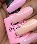 Soak Off UV LED Hema Free Nude Gel Nail Polish Set 4x10ml Natural Sheer Pink Colors bottle and polished nails close-up
