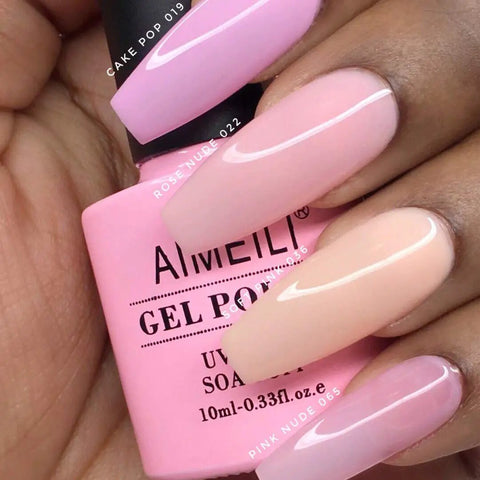 Soak Off UV LED Hema Free Nude Gel Nail Polish Set 4x10ml Natural Sheer Pink Colors bottle and polished nails close-up