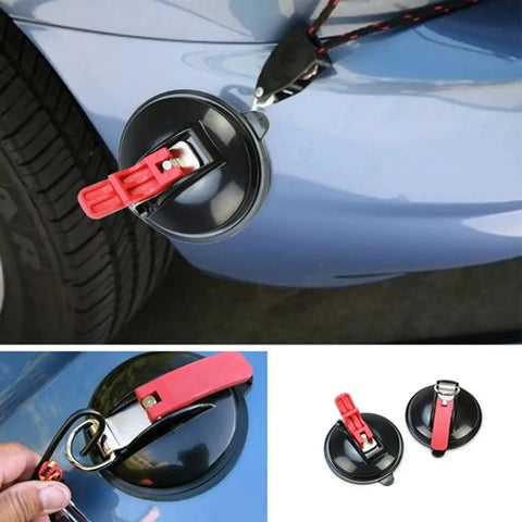 Beefy Heavy Duty Vacuum Suction Cup Anchor For Glass Lifting And Car Mounts attached to car exterior, showing red securing hook.
