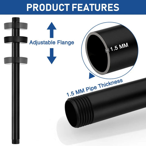 12 Inch Ceiling Mount Shower Arm And Flange In Matte Black, Heavy Duty 304 Stainless Steel Extension, 1.5mm Wall Thickness