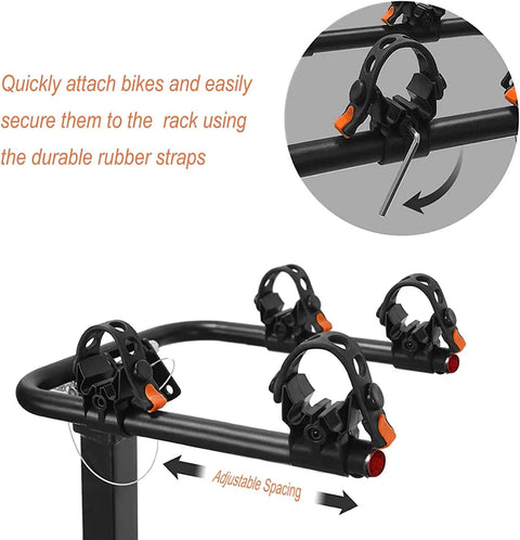 Close-up of bike hitch with adjustable cradle mounts featuring 8 Pcs Bike Rack Straps Replacement Kit For Bicycle Hitch And Cradle Mounts.