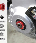 Red anodized BillFaro LS timing cover alignment tool installed on LS engine