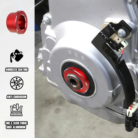 Red anodized BillFaro LS timing cover alignment tool installed on LS engine