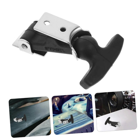 Elastic Rubber Hood Latch Kit For Vehicles With Shock Absorption And Easy Install Vibration Dampening in black and silver design.