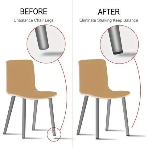 Eight Piece Adjustable Leveling Feet Set With PVC Round Floor Protectors Keeps Furniture Stable On Uneven Surfaces For Tables Chairs And Cabinets No Slip Protection And No Wobble Scratches With Easy To Turn Levelers chair before-and-after with adjustable leveling feet on uneven legs