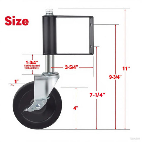 Heavy Duty Spring Loaded Gate Casters, 4 inch rubber swivel wheel dimensions with spring loaded travel feature.
