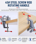Ultra Lightweight Aluminum Table Vise With Clamp On Base attached to wooden surface, showing rotating handle and steel screw rod.