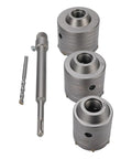 Concrete Hole Saw Kit With 55mm 65mm 75mm Tungsten Steel Triple Tooth Cutter For Efficient Chip Removal For Hollow Brick And Cement Walls AC Pipe Installation Includes Durable Storage Case Built Tough Pro Grade., three core bits with arbor and drill bit on white