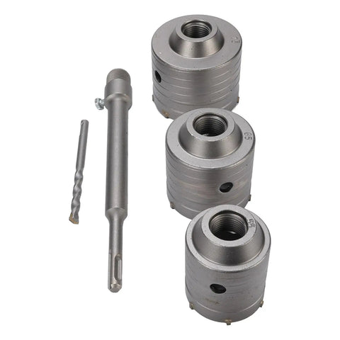 Boss Grade Tungsten Steel Concrete Hole Saw Kit With 55 Mm 65 Mm And 75 Mm Bits 50 Mm Depth Triple Tooth Design Ventilation Holes For Drilling Hollow Bricks And Cement Walls Heavy Duty Rustproof Durable, three hole saw bits and drill shank