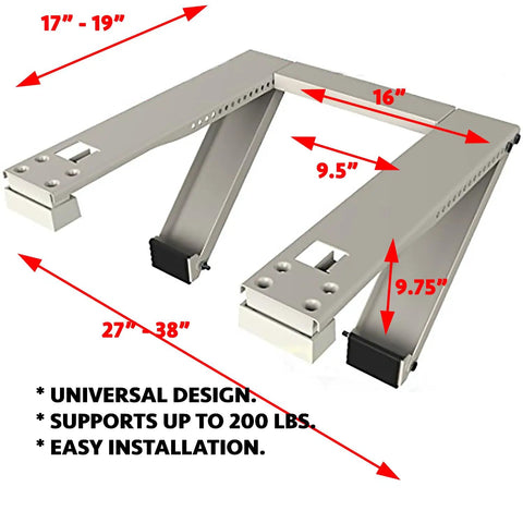 Universal Window Air Conditioner Bracket Heavy Duty Support For 12000 BTU To 24000 BTU Units Easy Indoor Installation No Exterior Drilling Fits Window Openings 16 Inches And Up All Weather Steel Construction with dimensions labeled