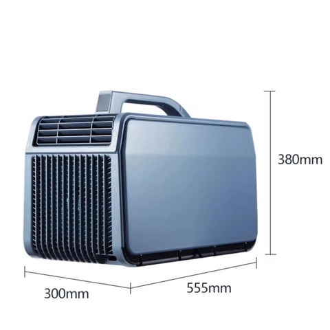 4 in 1 Portable Air Conditioner for Home or Office with Cooling and Heating, Dehumidifier, Quiet Fan, Remote Control and Touch Panel, Compact Swamp Cooler for All Season Comfort showing dimensions and handle.