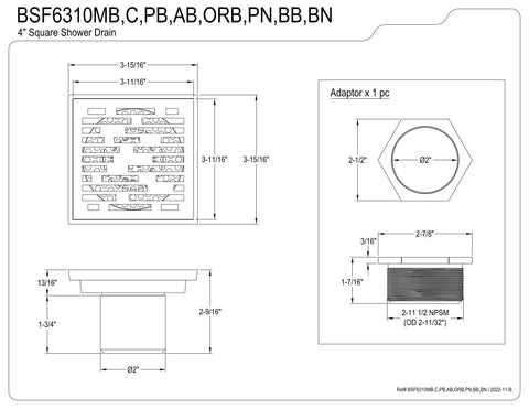 Diagram of 4 Inch Brass Square Grid Shower Drain With Hair Strainer, Oil Rubbed Bronze Finish, dimensions and adapter.