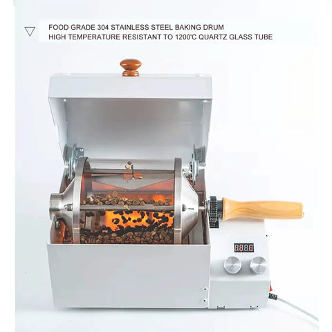 Rock Solid Home Coffee Roaster Featuring Quartz Heating Tube Adjustable Temperature Settings For Fresh Morning Beans Stainless Steel Electric Roasting Machine Smooth Operator Kitchen Must Have - open view showing stainless steel drum and quartz tube.