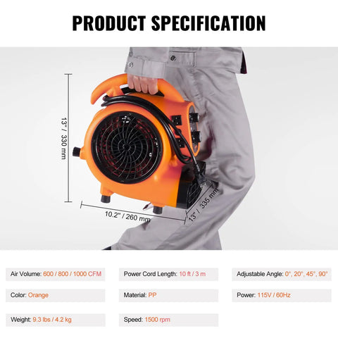 Beast Mode Air Mover Carpet Dryer 0.25 HP 1000 CFM Portable Floor Blower with 4 angles and time function held by person