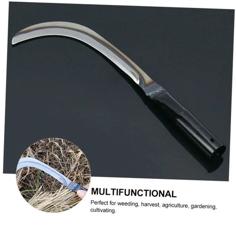 Long Handle Garden Knife With Serrated Blade For Weeding And Reaping Durable Rustproof Steel Tool In Black Handle On Dark Surface