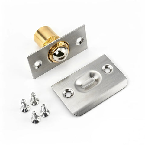 Two Pack Adjustable Ball Door Catches for Internal and Closet Doors, Near Silent Close Latch Hardware with screws visible
