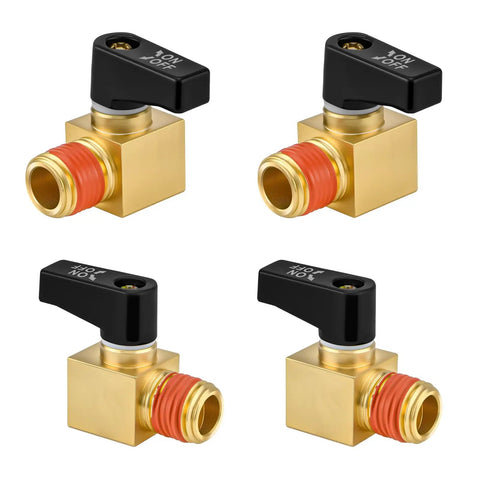 Heavy Duty Brass 4 Pack Air Compressor Drain Valve Set for 1/4 Inch NPT Ports, showing manual ball valve drain plug